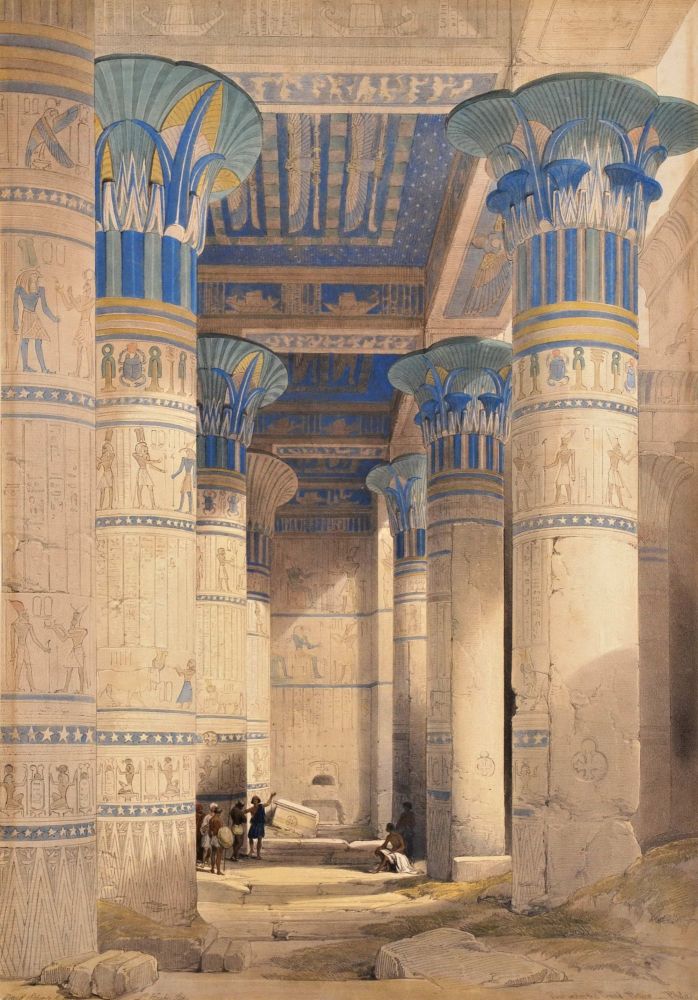Lithograph painting of Egyptian Temple. View Under the Portico by David Roberts