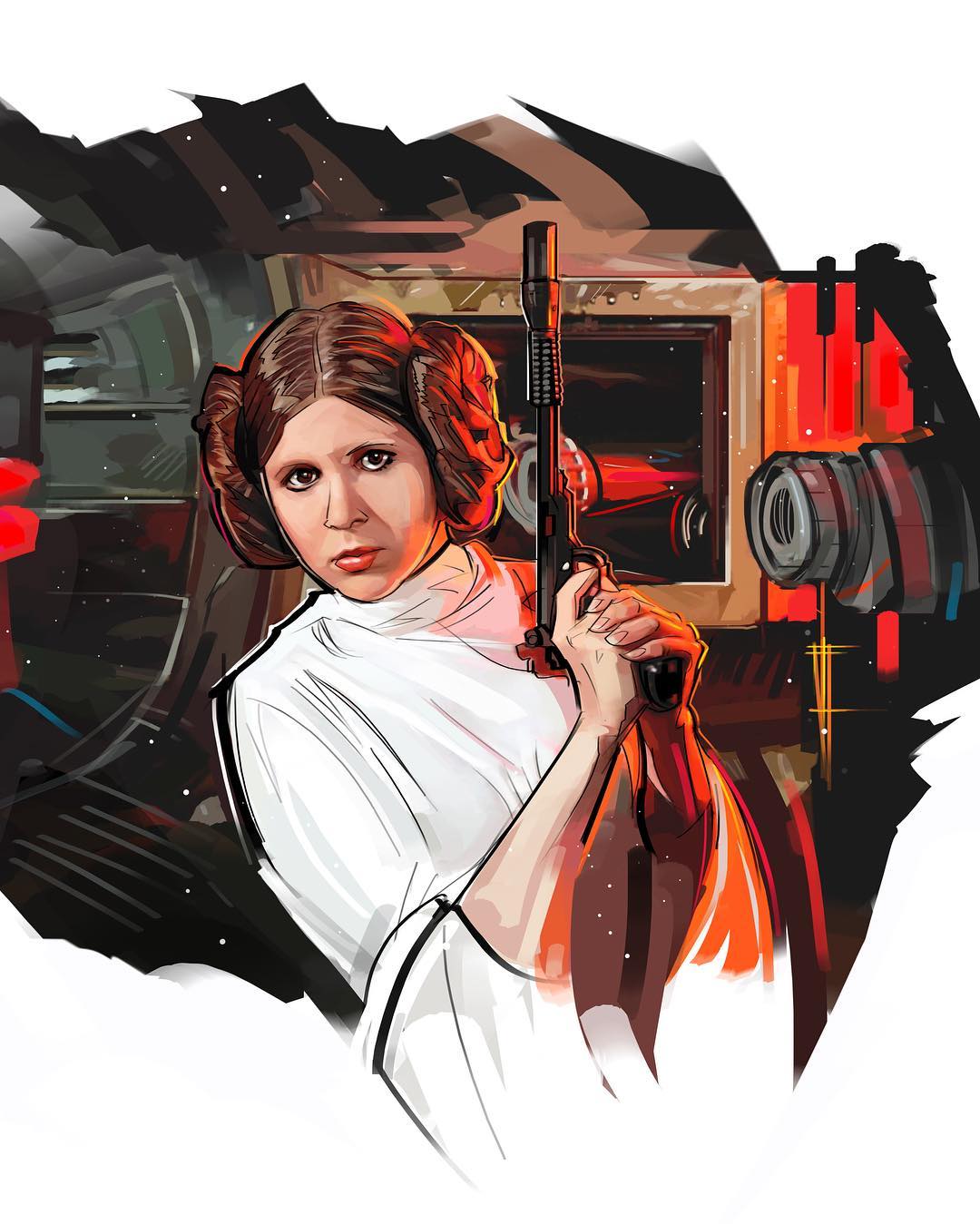 Princess Leia with blaster on Rebel blockade runner.