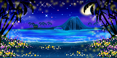 blue lagoon and volcano island at night gif