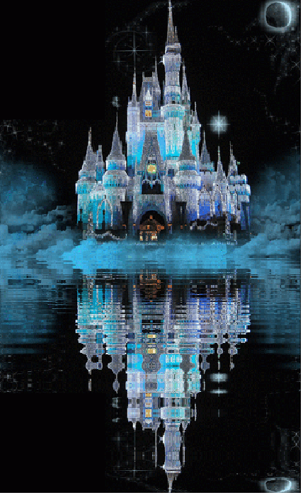 fairy castle at night beside water gif