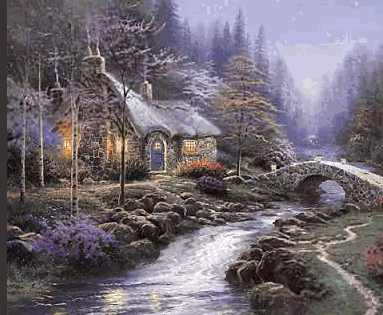 forest cottage by stream gif