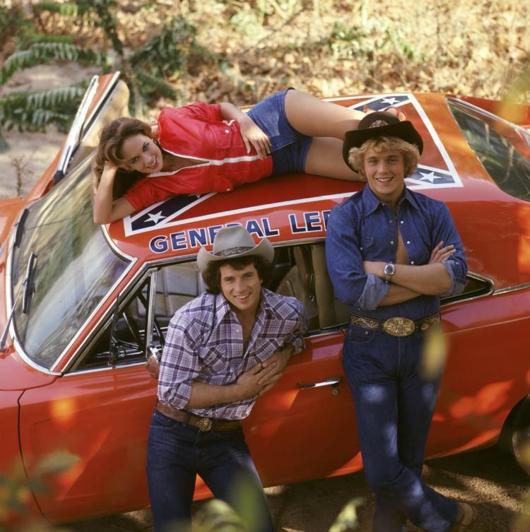 Bo, Luke, and Daisy on the General Lee