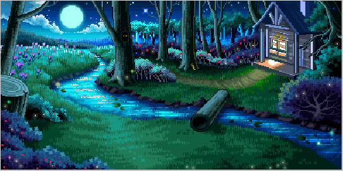 forest cottage by stream with moon and fireflies gif