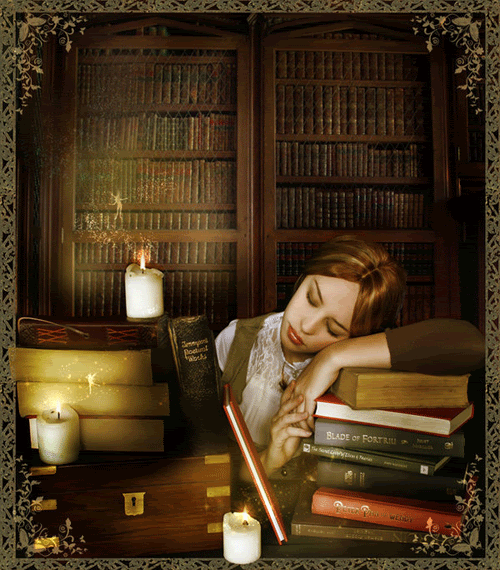 girl asleep on pile of books with candles gif