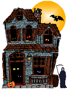 haunted house with eyes peeping out of all windows gif