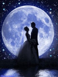 A couple in love gazing at each other in front of full moon and stars gif