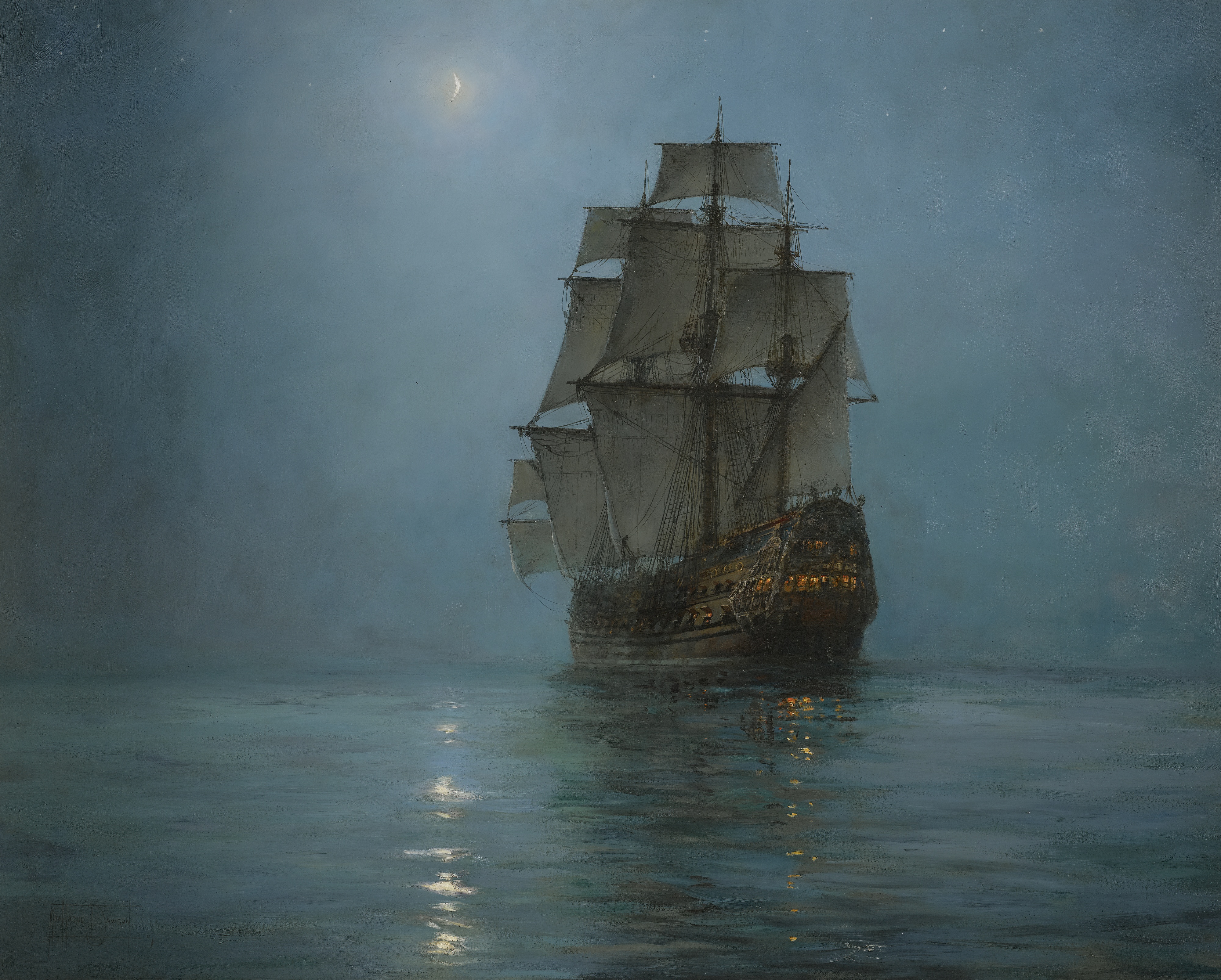 Sailing ship under moon. Painting entitled The Crescent Moon by Montague Dawson