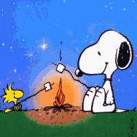 Snoopy and Woodstock roasting marshmallows over campfire gif