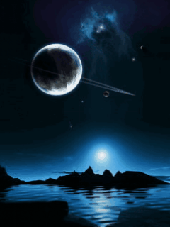 ringed planet rises over a watery moon gif