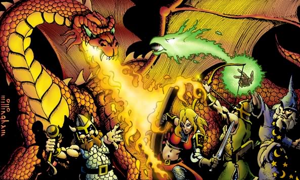 D&D characters fight dragon. Moldvay/Cook Basic illustration
