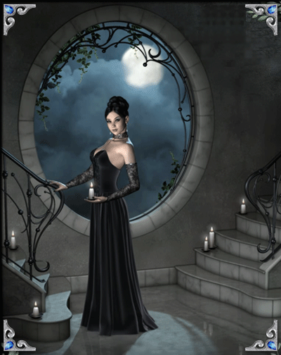 Beautiful Gothic lady in front of moonlit window with candelabras