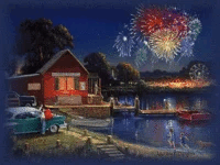 fireworks over the lake in a small town