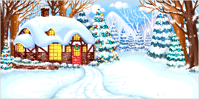 Snowy Christmas scene with cottage and fir trees