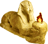 Sphinx holding stone brazier with flickering fire