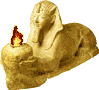 Sphinx holding stone brazier with flickering fire
